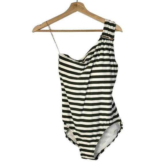MICHAEL Michael Kors Olive Green Stripe One Shoulder One Piece Swimsuit 10 - Picture 1 of 3